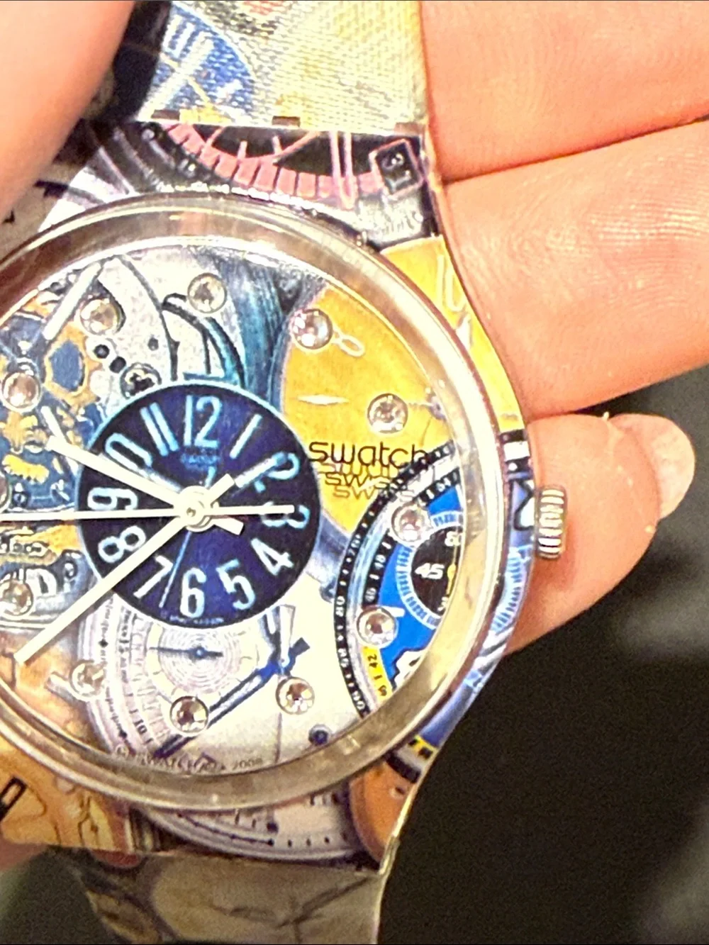 Swatch Multicolor Patterned Graphic Watch with Blue Dial